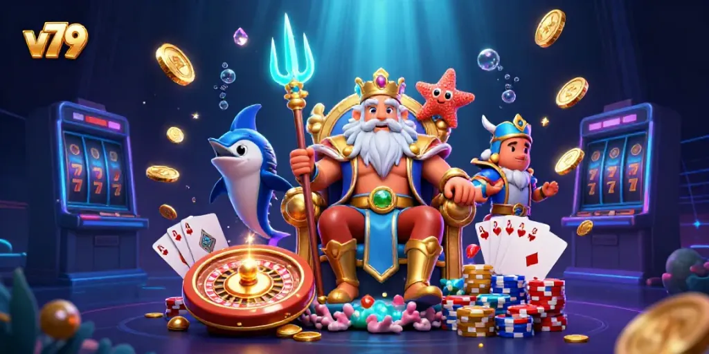 Engaging casino scene featuring v 79 with Neptune and vibrant gambling elements.