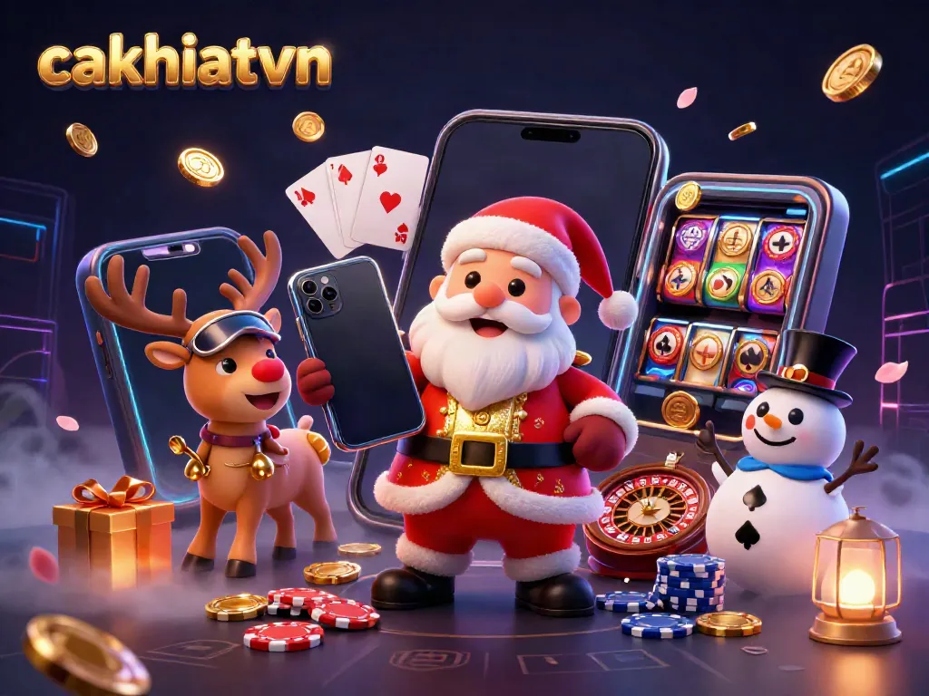 Experience the thrill of jackpot slots with cakhiatvvn's festive casino illustration featuring Santa and friends.