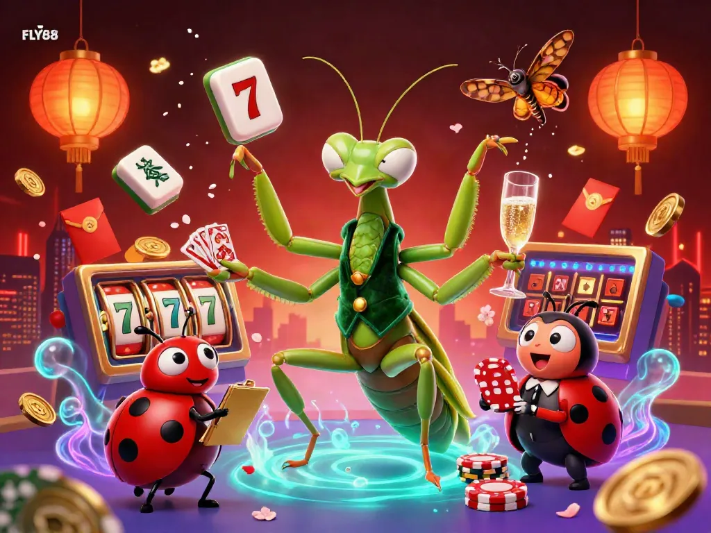 FLY88 offers an exhilarating casino experience with a vibrant cartoon scene featuring a giant praying mantis card sharp and live game action.