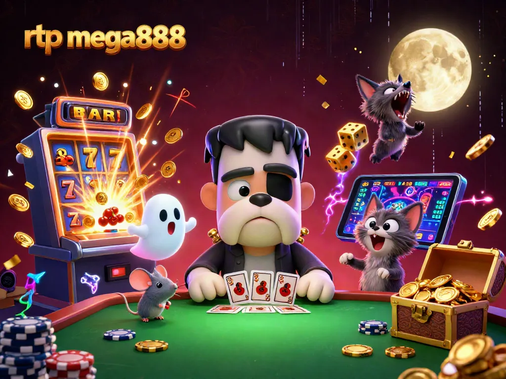 Experience thrilling rtp mega888 gameplay as a Frankenstein bulldog deals at a spooky casino table.