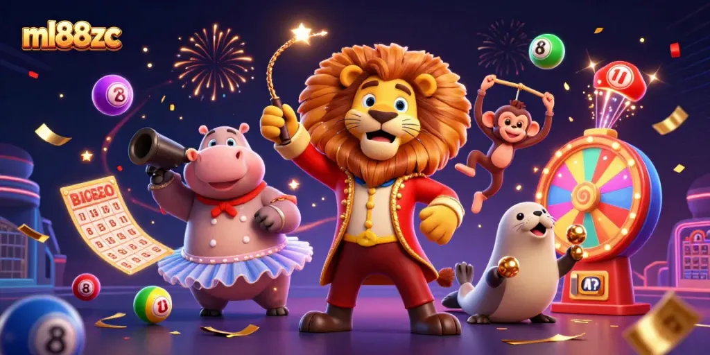 Experience the thrill at ml88zc with exciting lottery balls and vibrant characters in a dynamic casino atmosphere.