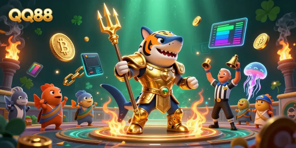 Experience thrilling gaming at QQ88 with an epic underwater battle featuring a golden shark gladiator.