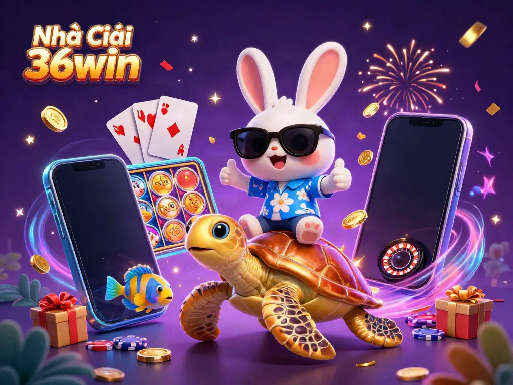 Engage with Nhà cái 36win as the lucky rabbit and golden turtle celebrate winning moments in vibrant casino settings.
