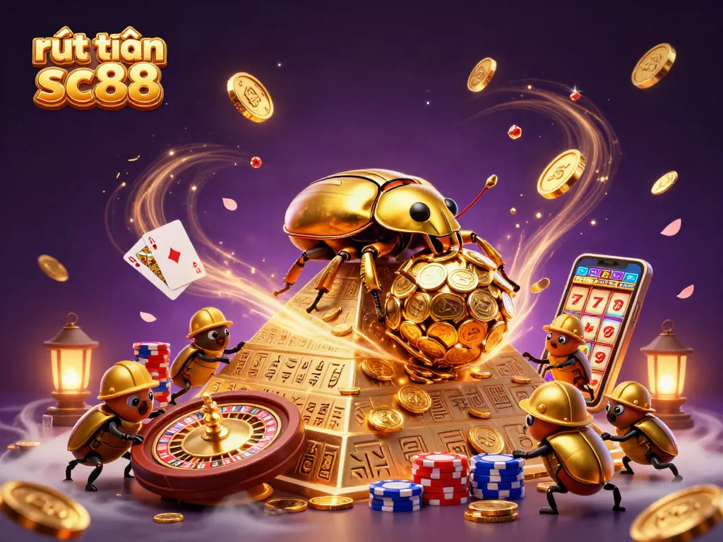 Spin the 3D beetle rolling golden coins representing rút tiền sc88 in an exciting casino scene.