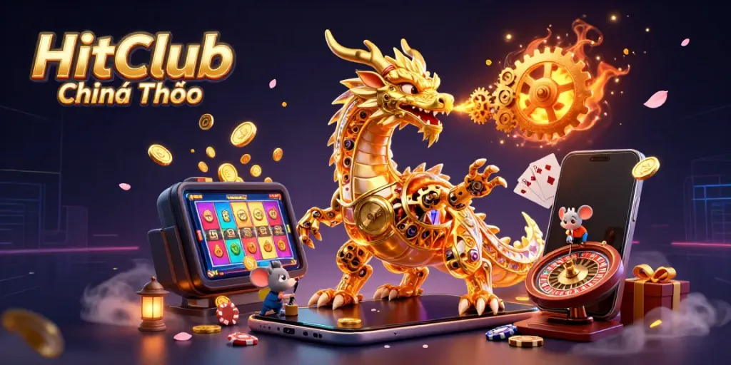 Engage with HitClub Chính Thức as the biomechanical golden dragon unveils a world of slots and casino thrills.