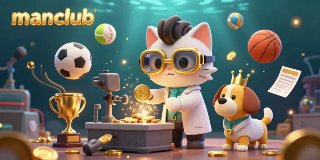 Engaging sports betting illustration featuring playful cats and dogs in a casino scene, manclub themed.