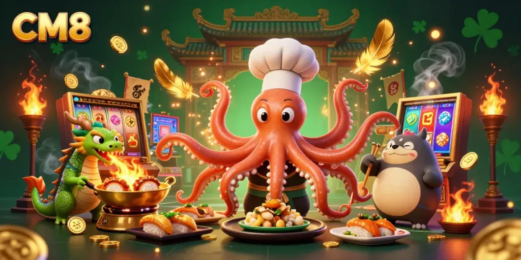 CM8 engages players with dynamic casino fun featuring an octopus chef, dragon, and tanuki in vibrant action.