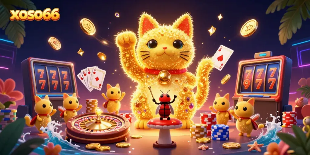 Experience thrilling wins with xoso66, showcasing vibrant casino symbols and playful characters.