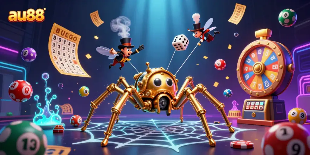 Engage with the thrilling world of au88 through a dynamic 3D steampunk casino illustration depicting vibrant games and colorful lottery balls.