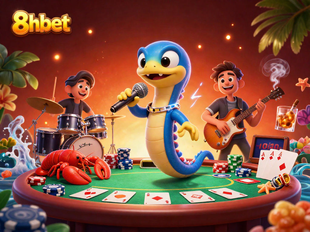 Action-packed 3D illustration showing 8xbet's vibrant casino scene with underwater characters and poker elements.