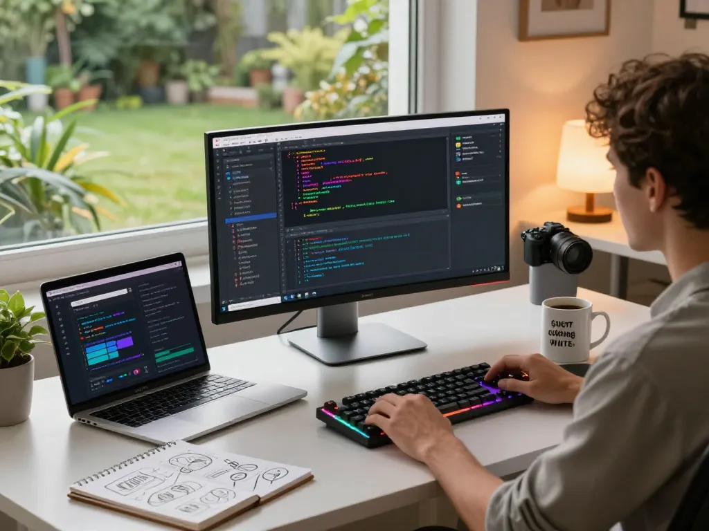 Developer using clawdbot ai in a modern home office workspace.