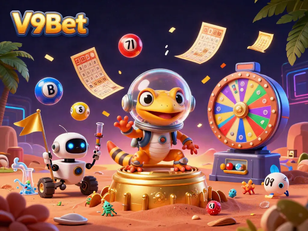 Experience thrilling gaming adventures with V9Bet in a vibrant, interactive casino scene.