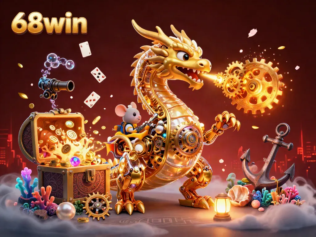 Engage with 68win's thrilling 3D scene featuring a golden dragon and colorful gaming elements.