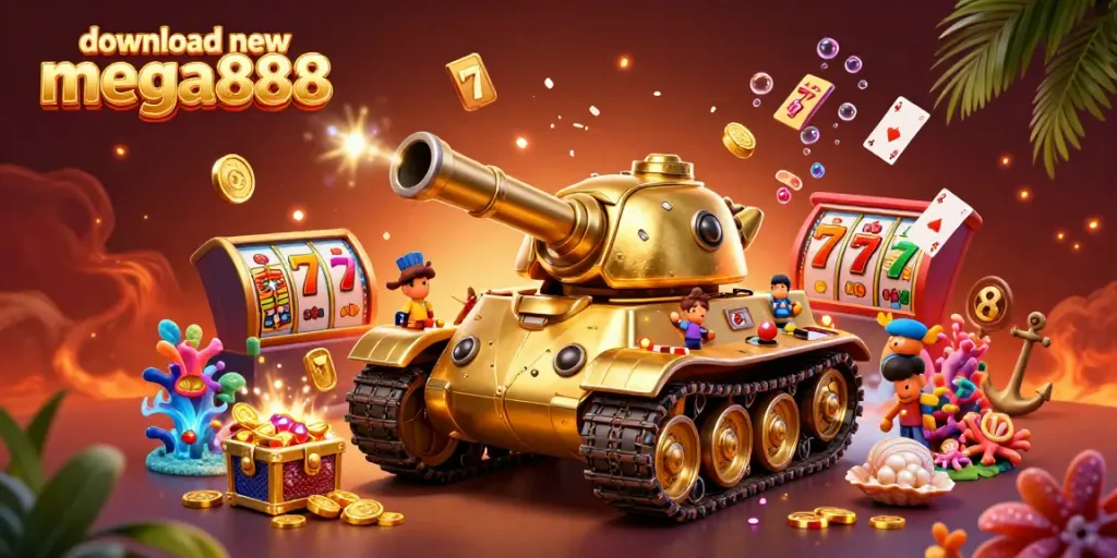 Engage in the vibrant fun of download new mega888 with a dynamic 3D illustration of a golden beetle tank casino bursting with action.