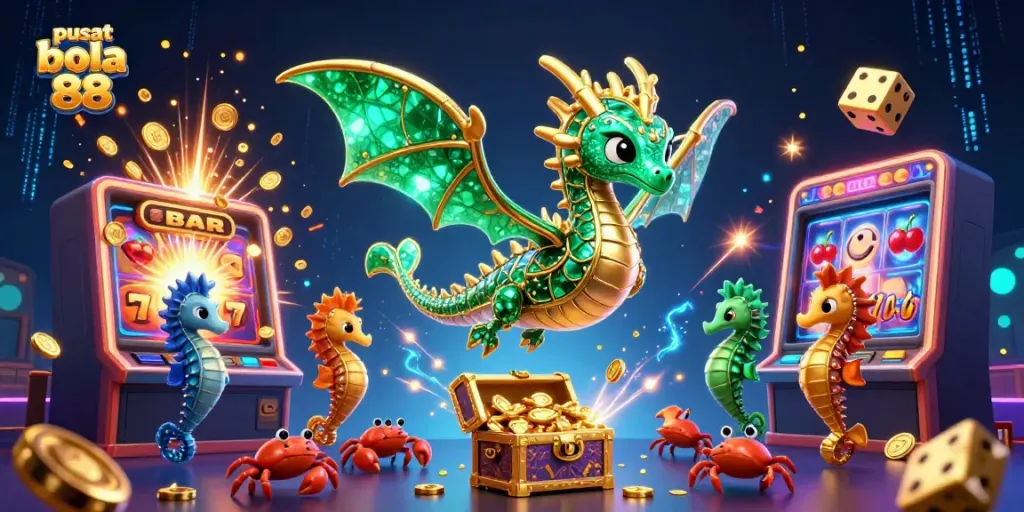 Experience exhilarating wins at pusat bola 88 with our vibrant 3D illustration of a dragon guarding treasure amidst dynamic casino elements.