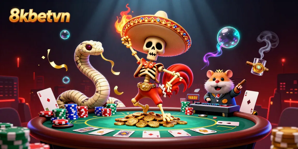 Experience dynamic fun at 8kbetvn with a lively casino illustration featuring a mariachi rooster, mummy snake, and a DJ hamster.