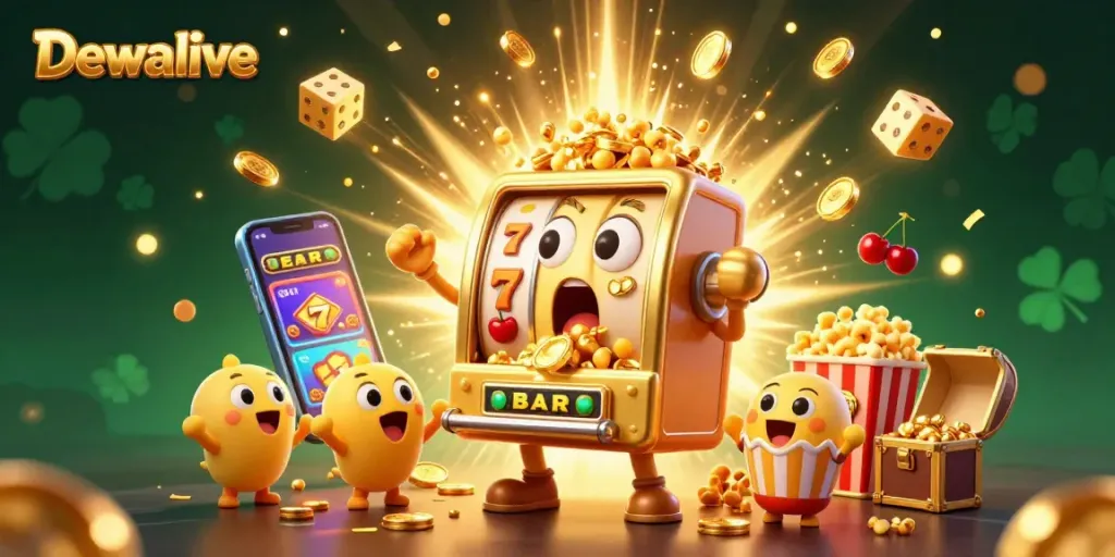 Dewalive slot machine celebrates a jackpot with coins pouring out, surrounded by cheering machines.
