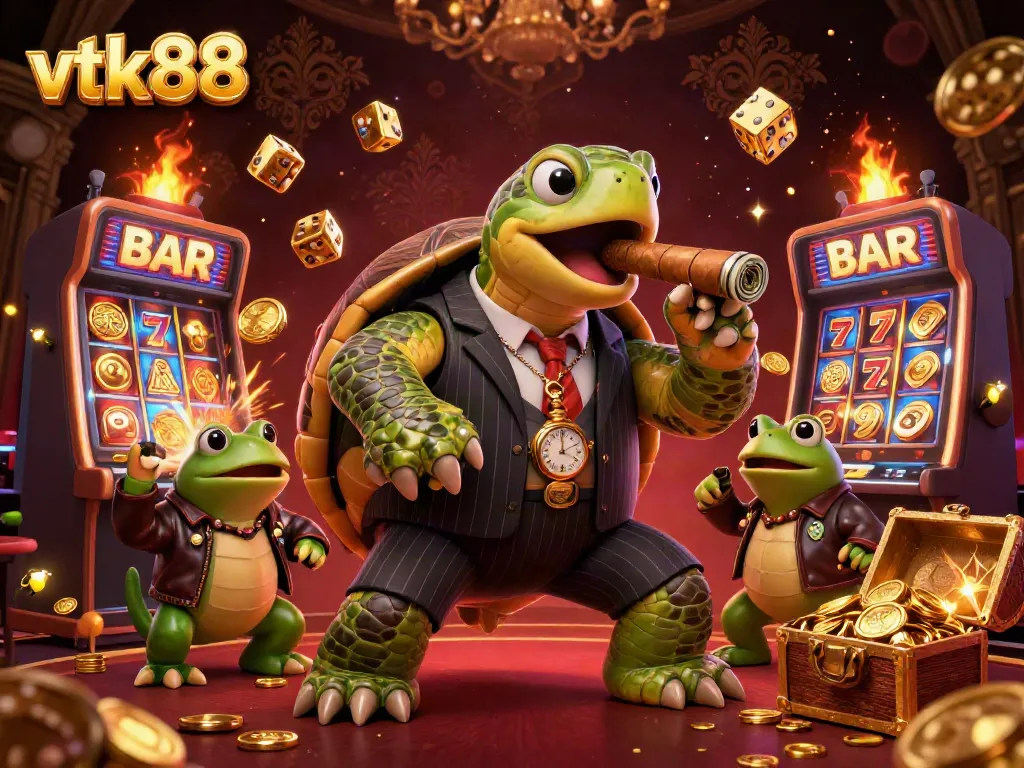Engage with the thrilling casino scene featuring vtk88 with slot machines and animated gold elements.