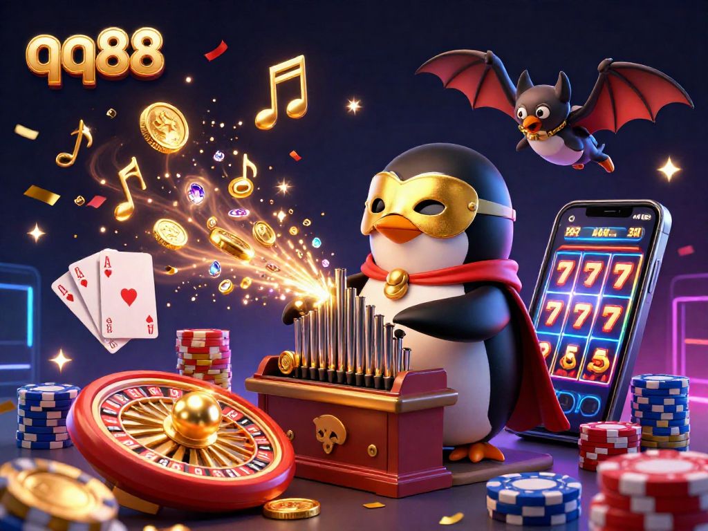 Join the fun at qq88 with a lively 3D casino scene, featuring a penguin playing a golden pipe organ amidst cascading coins.