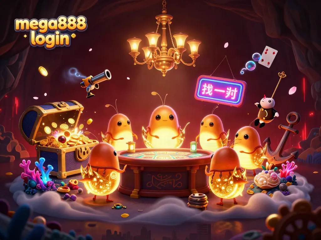 Experience the immersive mega888 login at a vibrant cave casino with enchanting glowworm characters.