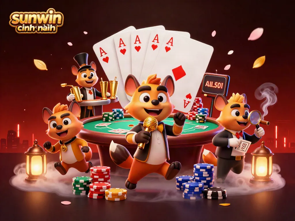 Experience the vibrant humor of sunwin chính hãng with animated hyenas entertaining in a casino.