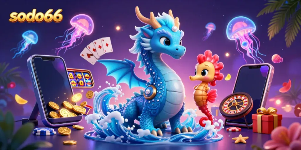 Engage in thrilling gaming adventures with sodo66's vibrant 3D casino scene featuring a dragon and seahorse knight.
