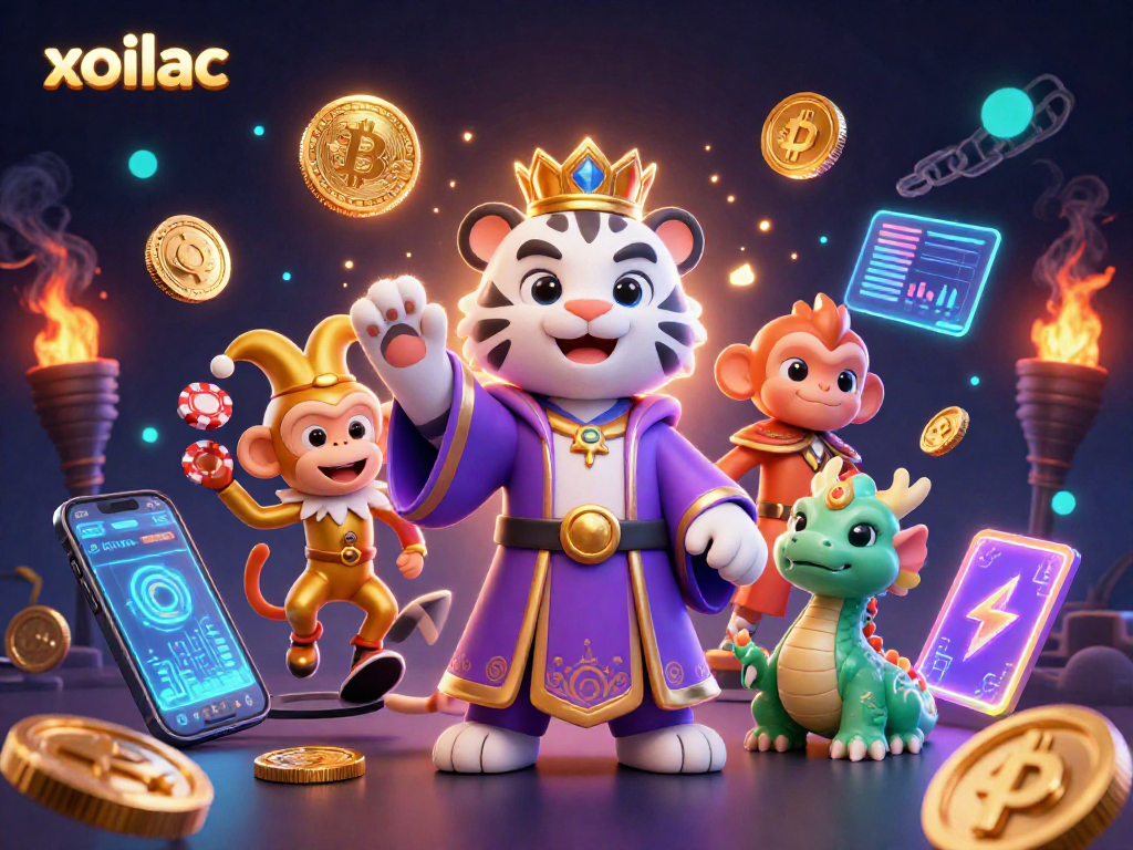 Xoilac's vibrant 3D casino scene showcases the white tiger, monkey, and dragon amidst crypto-themed gaming elements.