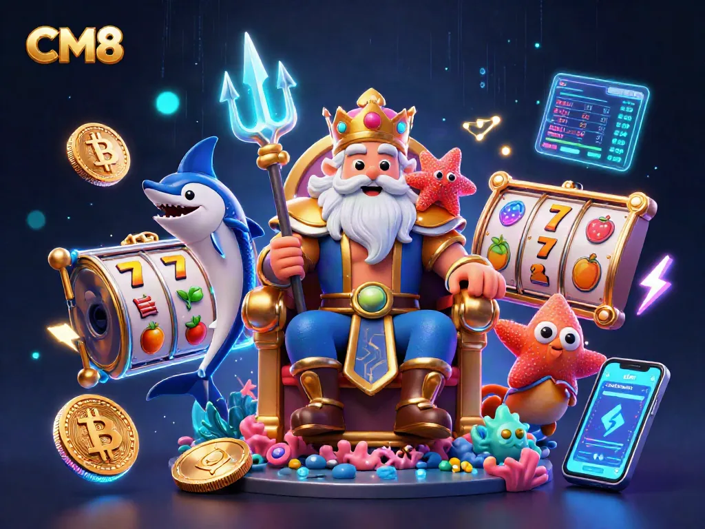 Engage in thrilling slots with CM8 as Neptune oversees the excitement in a vibrant casino scene.