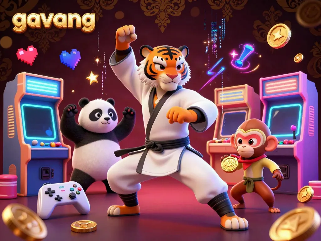 Experience thrilling action with gavang as the kung fu tiger master poses, illuminated by colorful gaming elements.