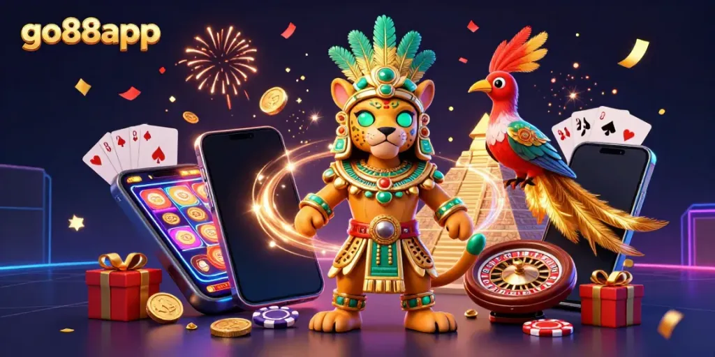 Experience go88app's vibrant gaming world with Mayan elements and dynamic slot action.