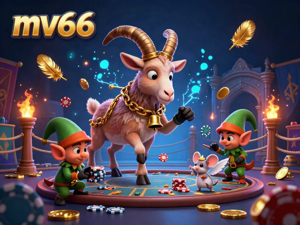 Engage with MV66's festive casino scene featuring chaotic characters and dynamic gaming elements.