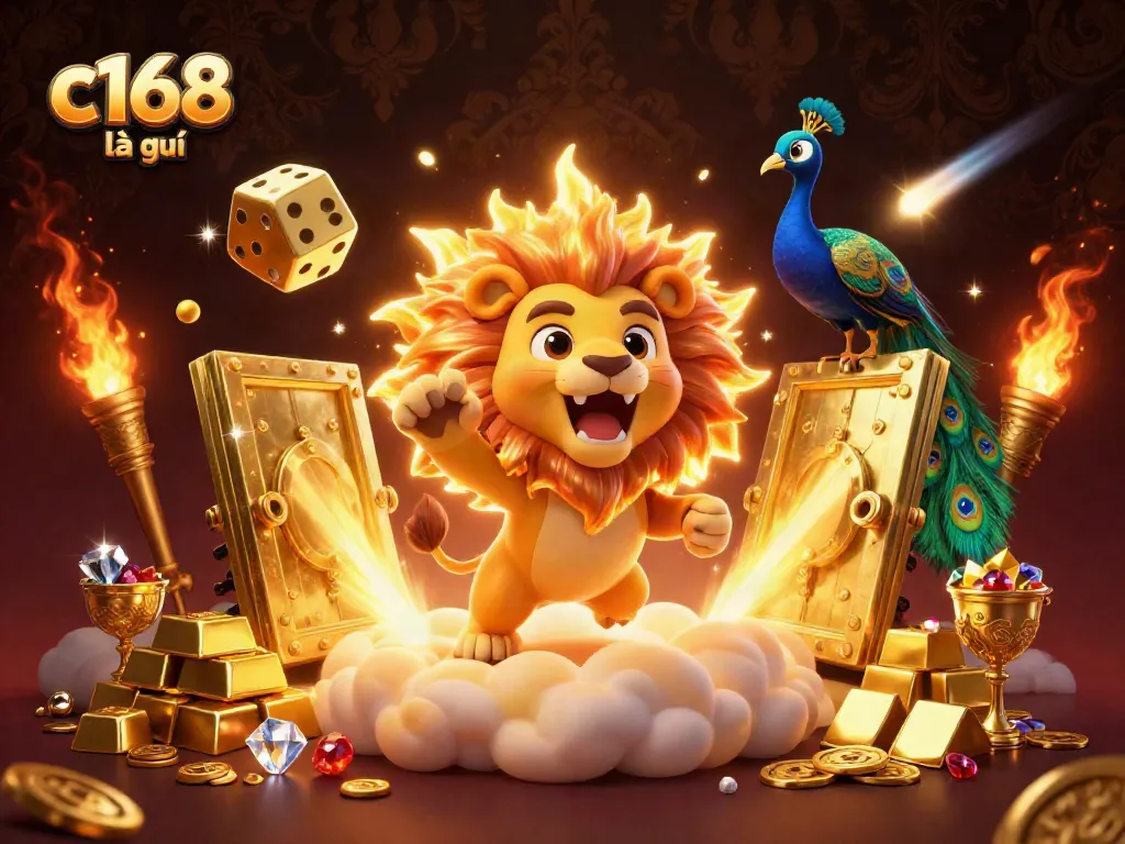 Engage in thrilling gameplay with C168 là gì, featuring vibrant 3D lion, golden dice, and treasure elements.
