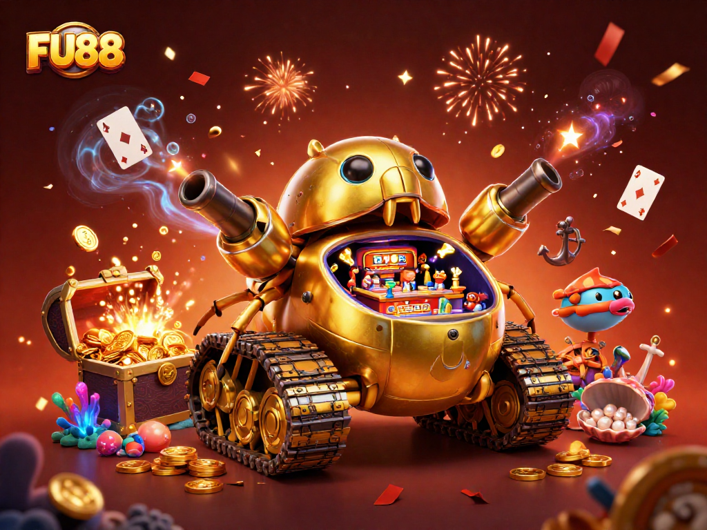 Experience thrilling gameplay at FU88 with dynamic casino-themed 3D illustration showcasing unique elements and excitement.