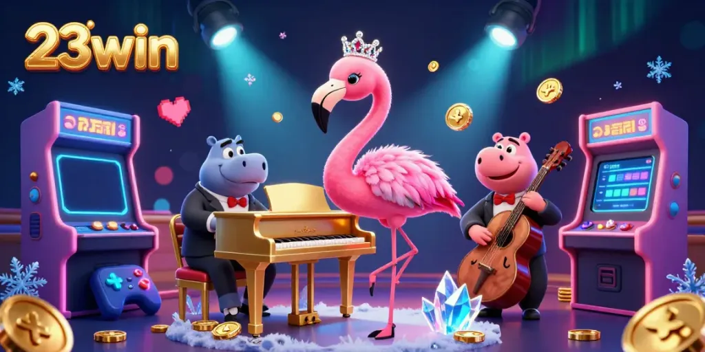 Engage with the vibrant 3-win gaming experience at 23win featuring a lively flamingo singer and hippo bassist.