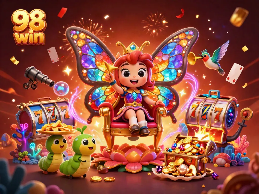 Engage in thrilling casino adventures with 98 win's vibrant butterfly queen and glittering slot reels.