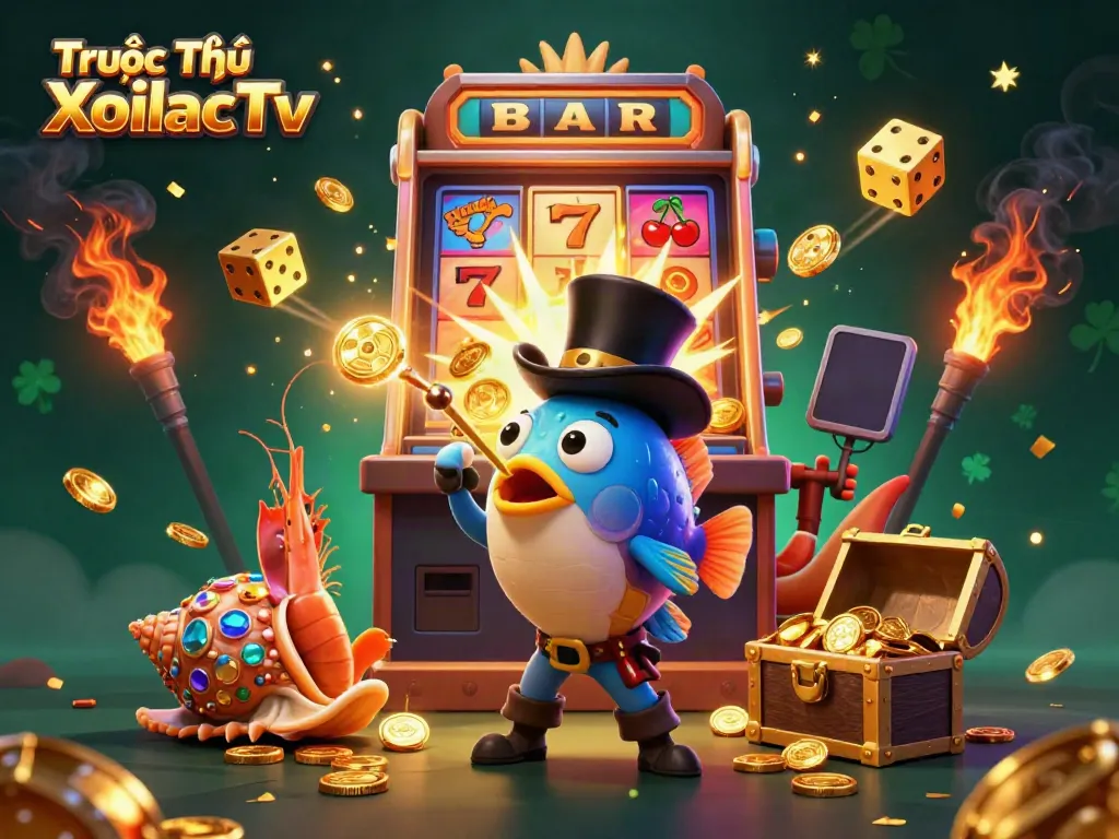 Engage with the thrilling atmosphere of Trực Tiếp XoilacTv capturing golden coins amidst vibrant casino elements.