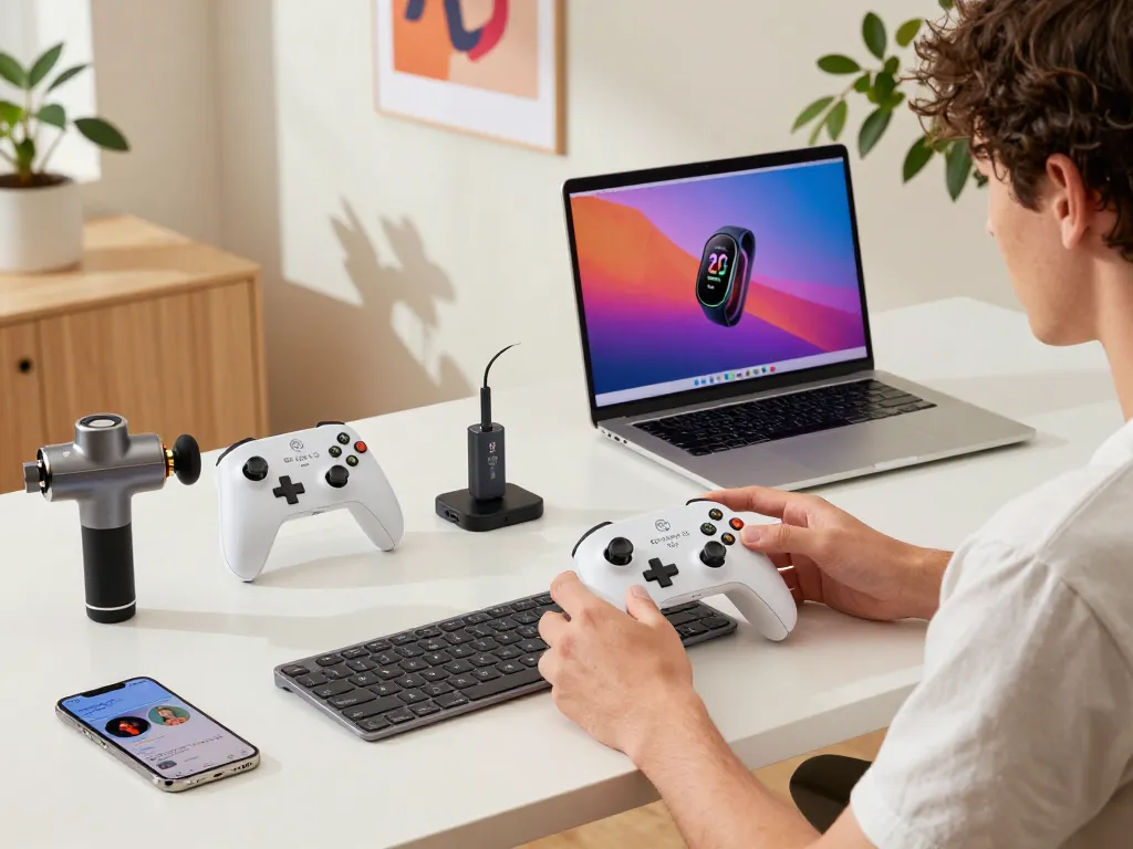 Exploring affordable tech gadgets in a vibrant workspace, including controllers, keyboards, and wearables.