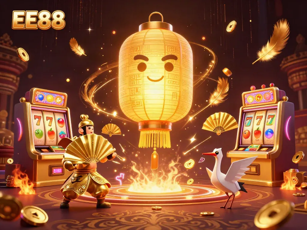 Experience the vibrant EE88 casino scene with golden lanterns and dynamic slot machines.
