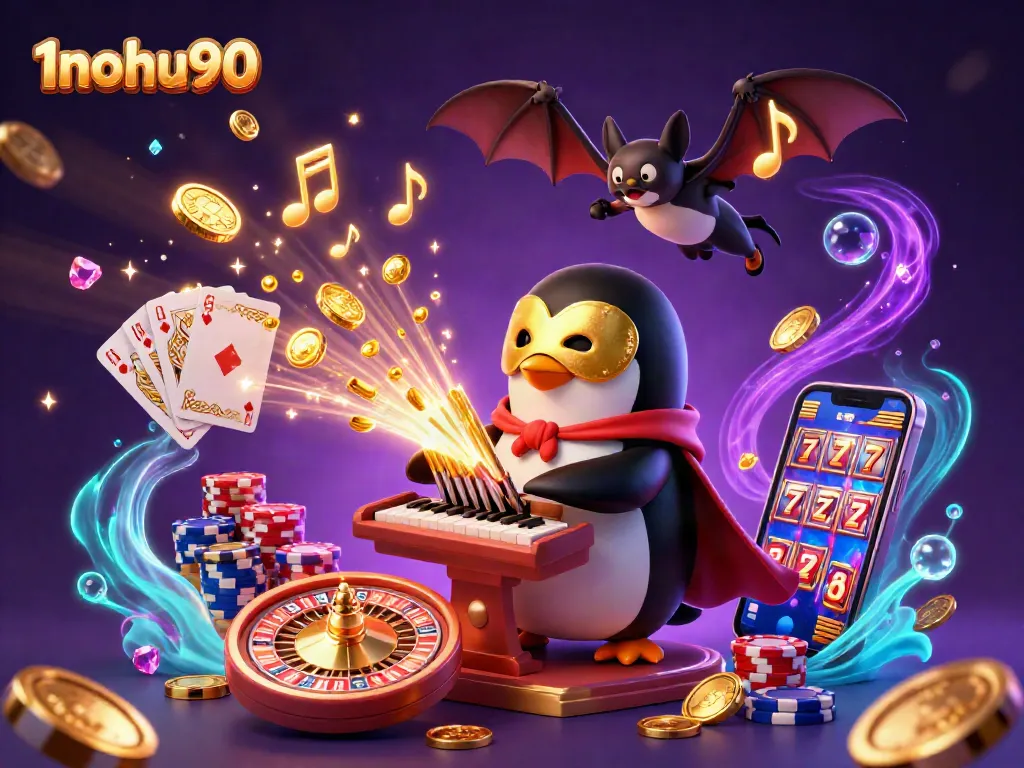 Experience thrilling slots at 1nohu90 with a captivating scene of a penguin musician and vibrant casino elements.