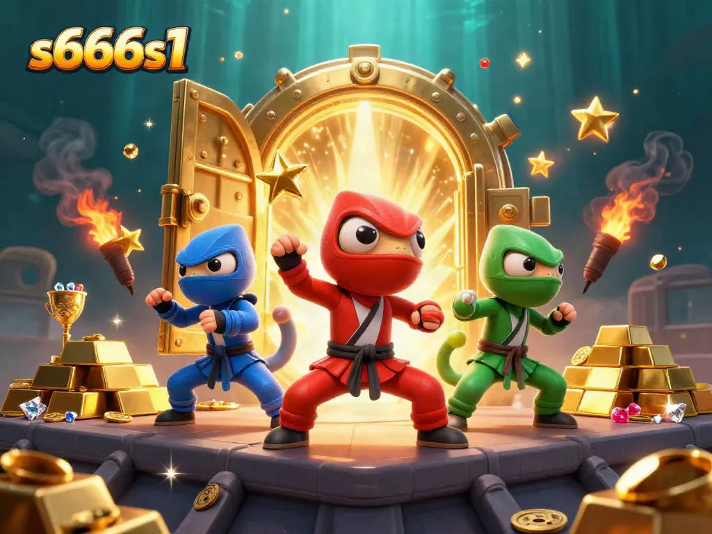 Engaging scene of ninja chameleons showcasing s666s1's vibrant casino gaming environment with golden treasures