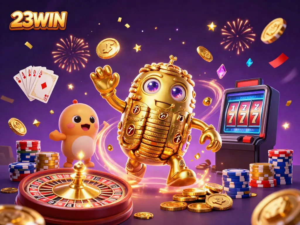 Experience the thrill of 23WIN with a captivating scene of a golden golem surrounded by gambling symbols and action.