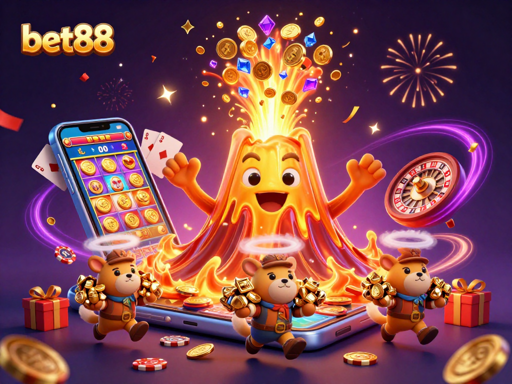 bet88 showcases a golden volcano erupting treasure, enthralling players with a vibrant casino scene.